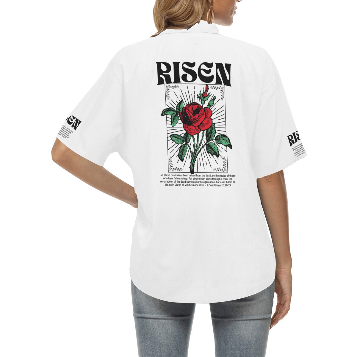 women's risen button up white