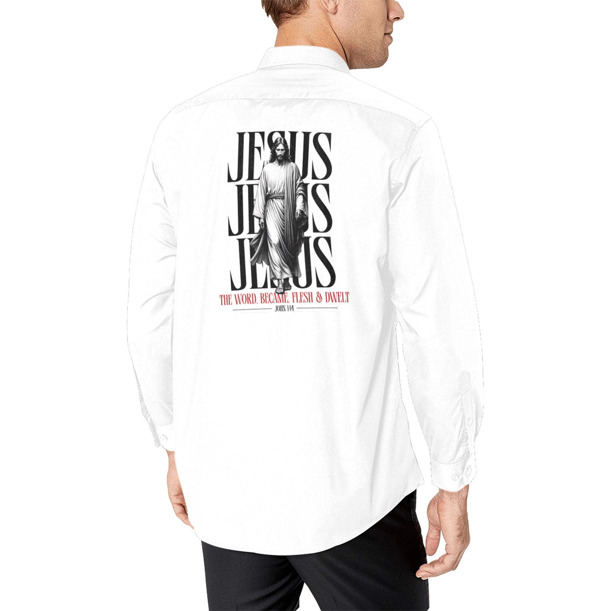 JESUS words became flesh button up WHITE Men's