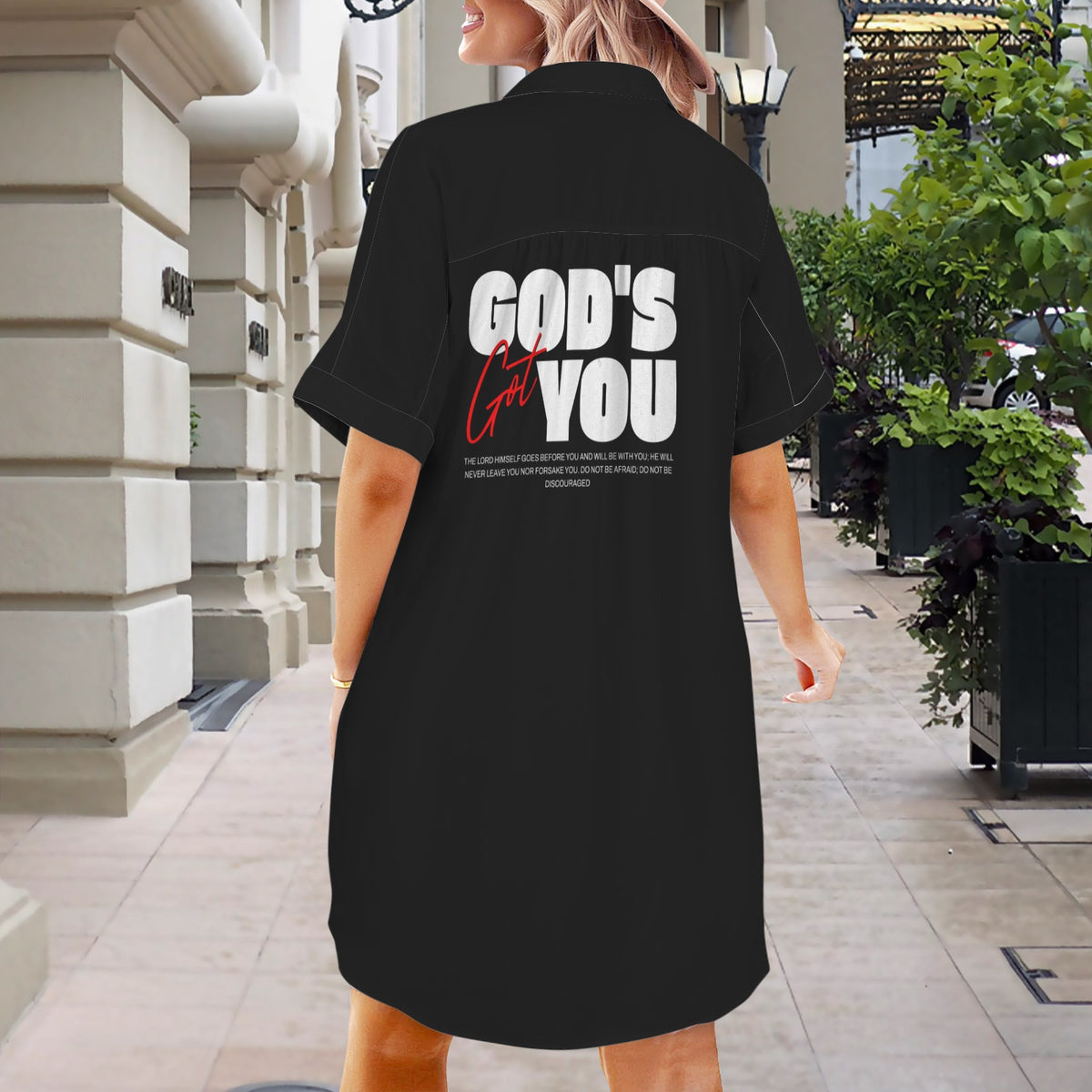 Women's GODS GOT YOU BLACK Short Sleeve Button Front Shirt Dress