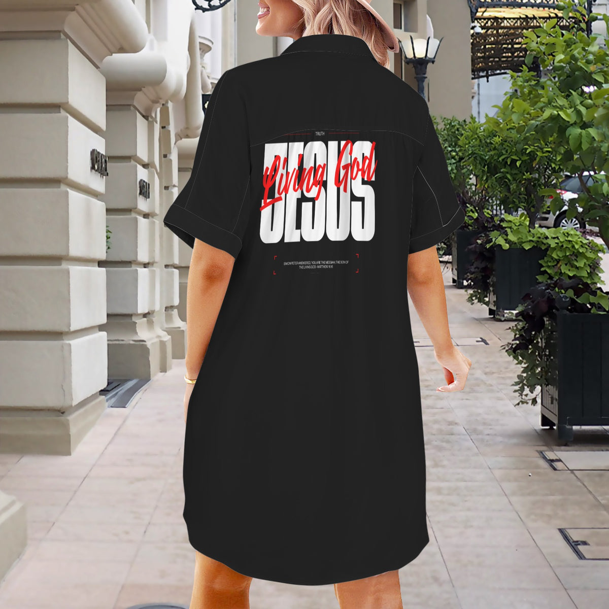 Womens LIVING GOD BLACK Short Sleeve Button Front Shirt Dress