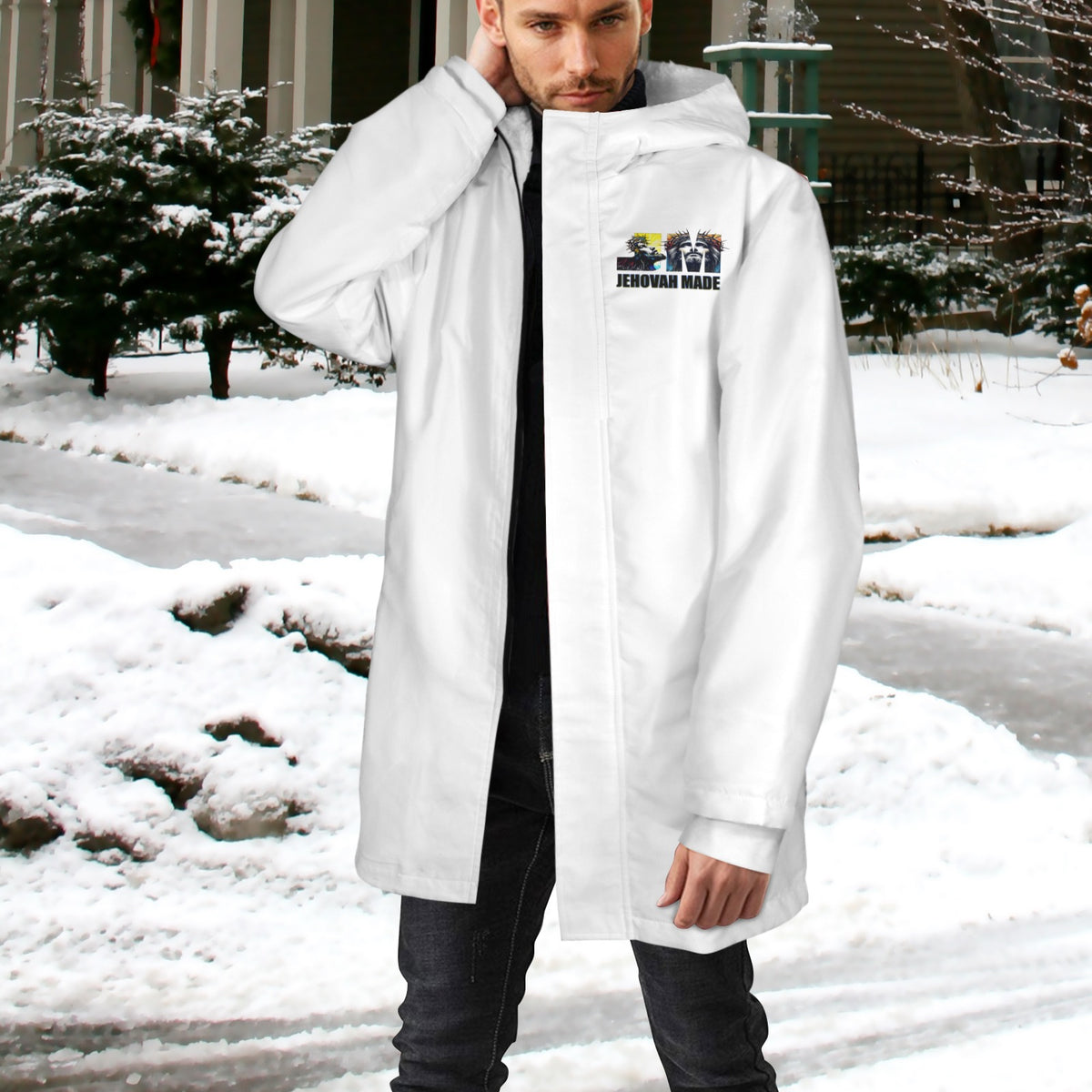 FAITH OVER FEAR  SMALL LOGO Men's Mid-Length Hooded Coat