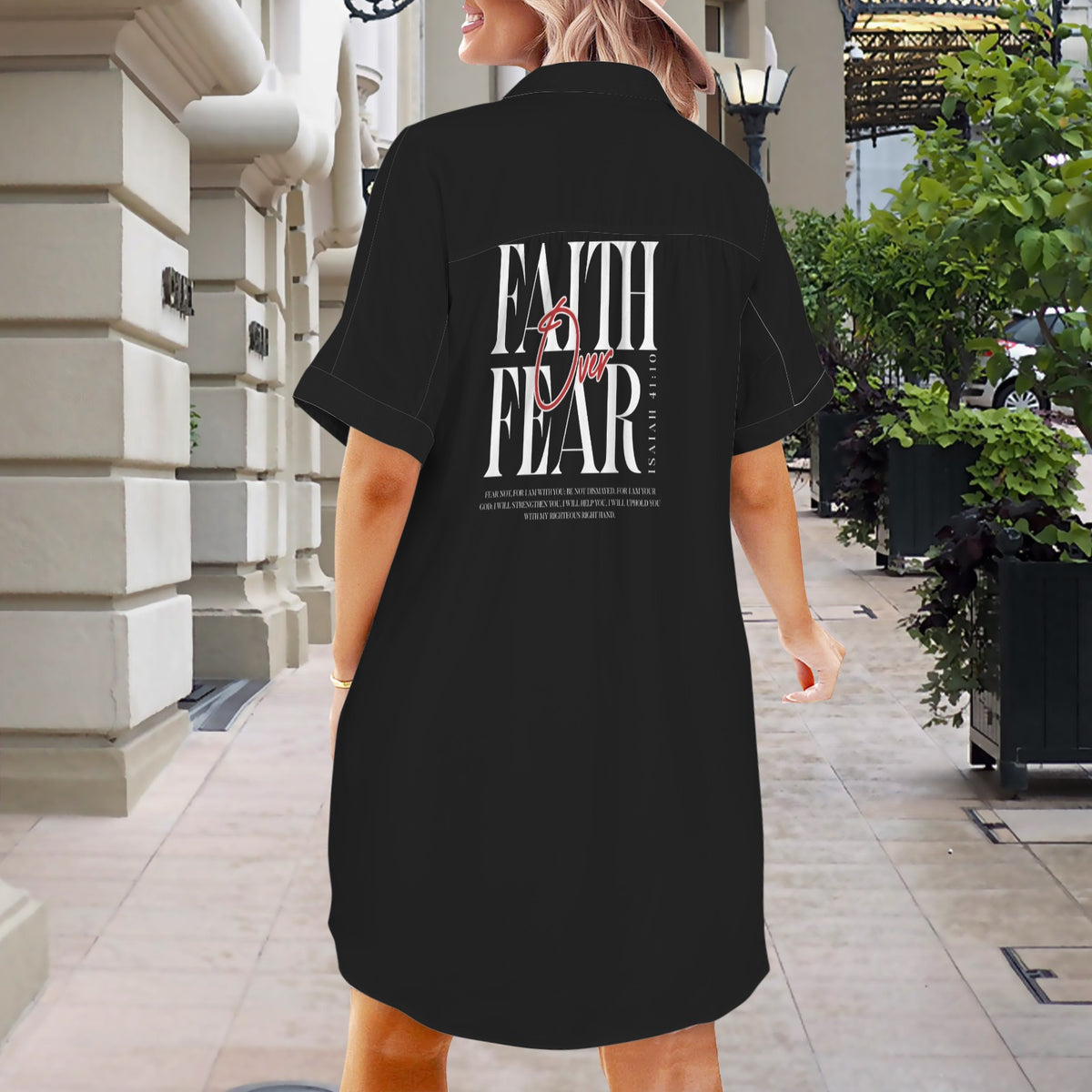 Womens FAITH OVER FEAR BLACK Short Sleeve Button Front Shirt Dress