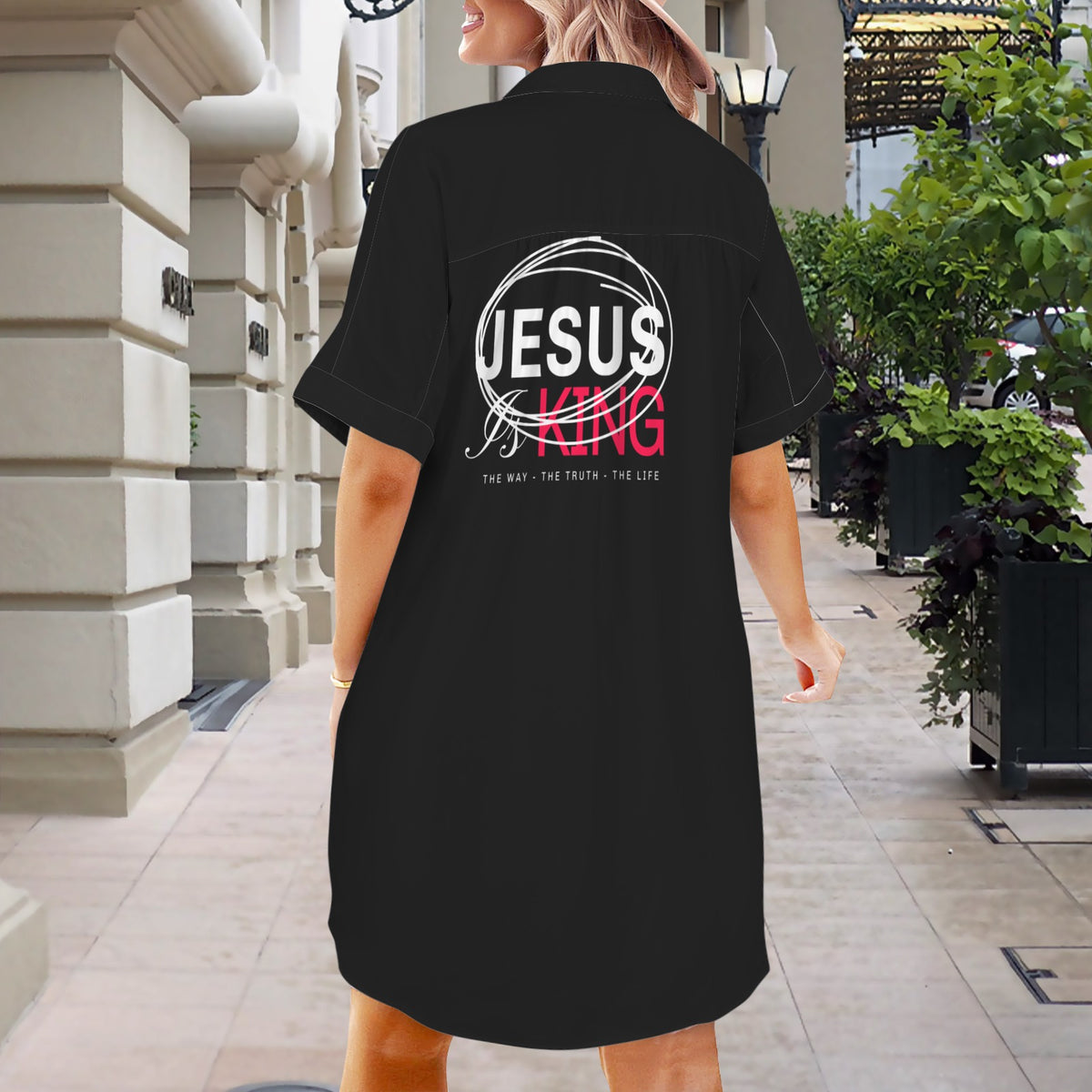 Womens JESUS IS KING Short Sleeve Button Front Shirt Dress