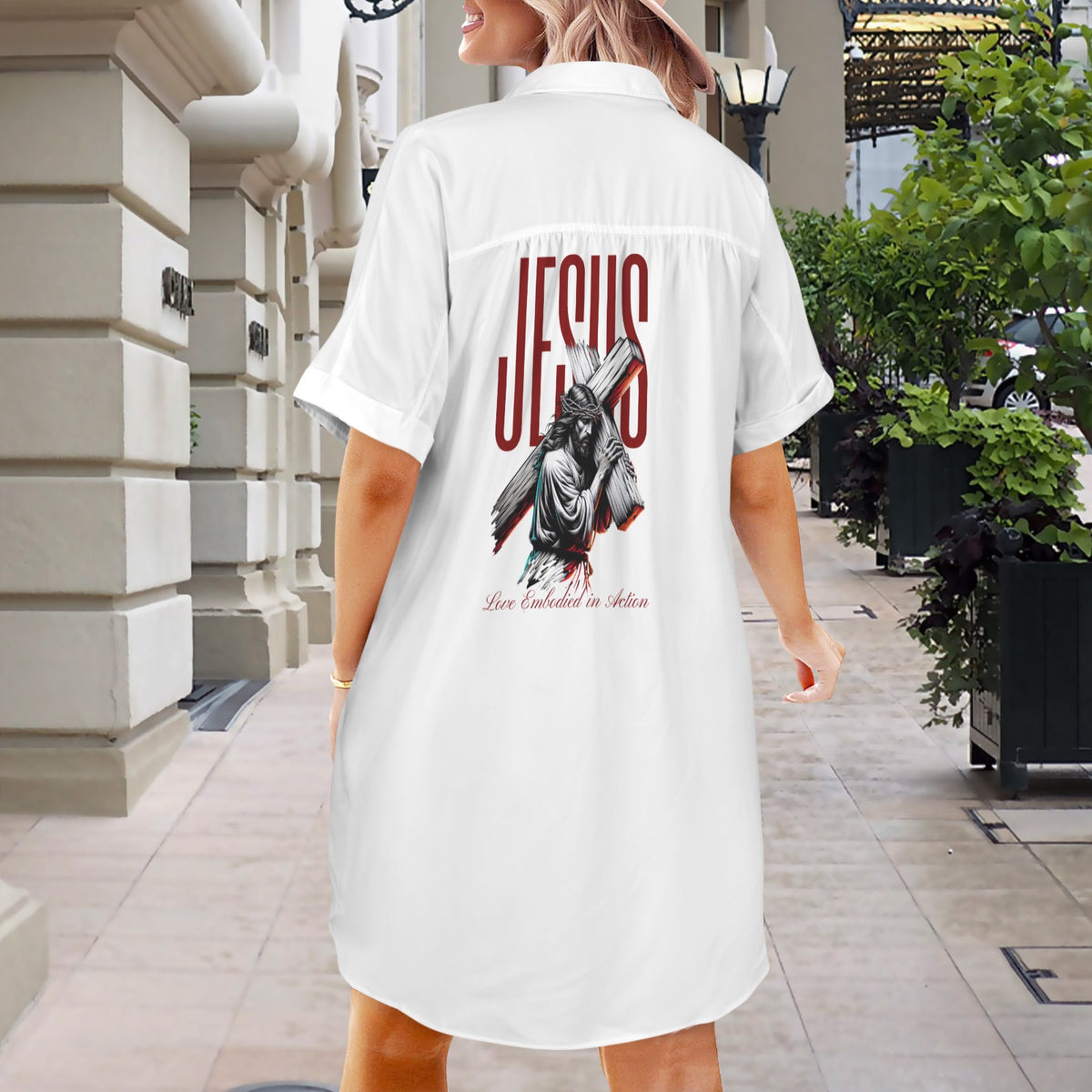 Womens LOVE EMBODIED IN ACTION WHITE Short Sleeve Button Front Shirt Dress