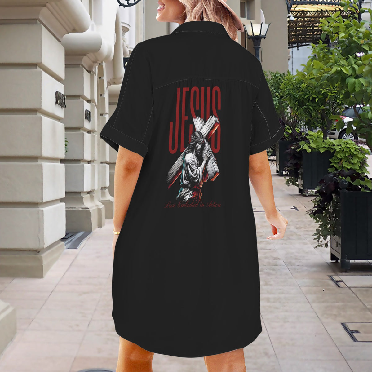 Womens LOVE EMBODIED IN ACTION BLACK Short Sleeve Button Front Shirt Dress