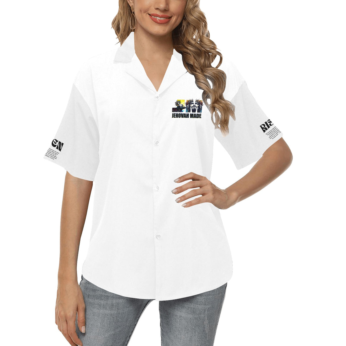 women's risen button up white