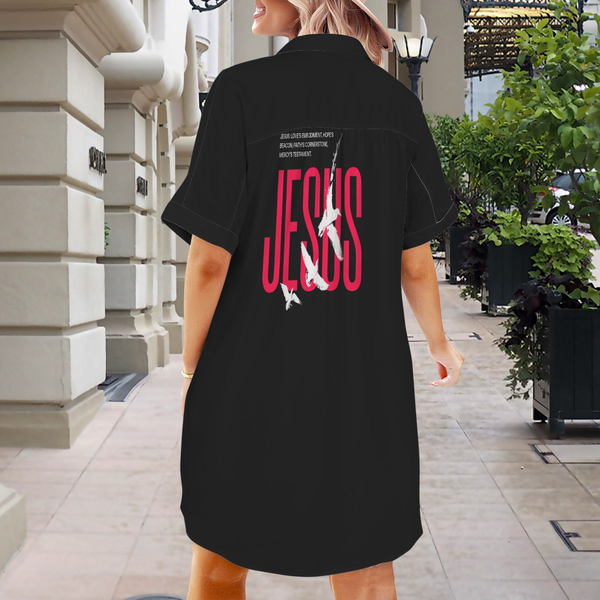 Womens JESUS DOVE BLACK Short Sleeve Button Front Shirt Dress
