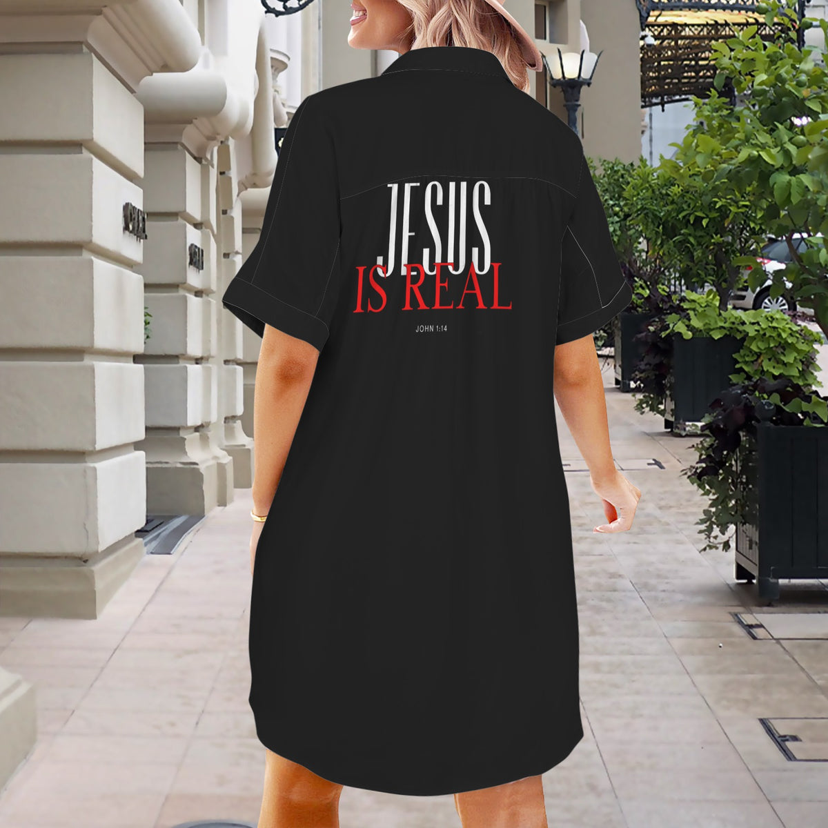 Womens JESUS IS REAL BLACK Short Sleeve Button Front Shirt Dress